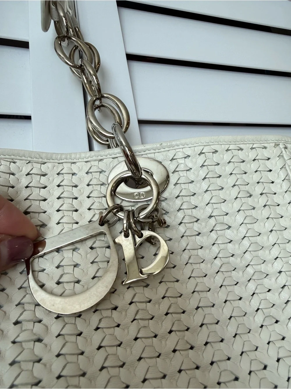 Authentic Christian Dior Woven Lambskin Soft Lady Dior Tote Bag, Silver Hardware